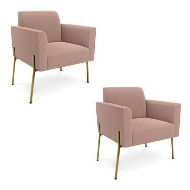 Imagem de Poltrona Sala Estar Pé Ferro Dourado Kit 2 Marisa Bouclê Rosê D03 - D'rossi