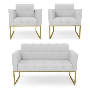 Imagem de Kit 1 Sofá Namoradeira e 2 Poltronas Elisa Linho Cinza A05 Base Metálica Industrial Dourado D03 - D'Rossi