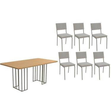 Imagem de Conjunto Mesa De Cozinha Duina Com Tampo De Madeira 160cm E 6 Cadeiras Zaria Niquel Freijó Boucle Cinza Kappesberg