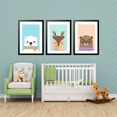 Imagem de Kit 3 Quadros Grandes Infantil Filhotes 60X48Cm