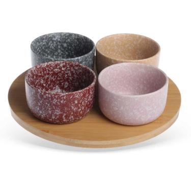 Imagem de Conjunto 4 Petisqueiras Bowls em Porcelana Estilo Granito com Tábua de Bambu LH0077 BTC