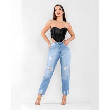 Imagem de CALÇA JEANS FEMININA MOM CINTURA ALTA RASGOS NO JOELHO E BARRA-Feminino