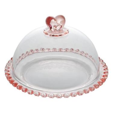 Imagem de Queijeira com Tampa em Cristal Coração Borda Rosa 19,5x13cm Lyor