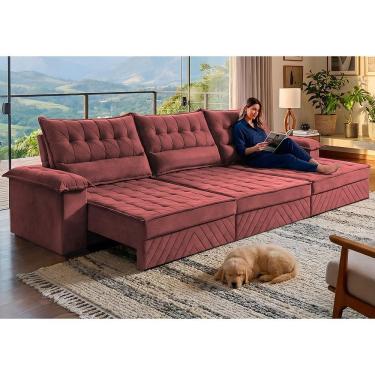 Imagem de Sofá Retrátil E Reclinável 3,60m Com Molas E Espuma D33 Thunder. Velusoft Cama Inbox Vermelho