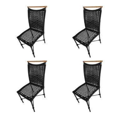 Imagem de Kit 4 Cadeiras Anne Corda Náutica Detalhe Em Madeira Base Alumínio Preto-preto