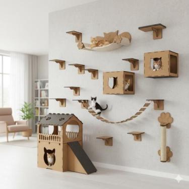 Imagem de Kit Playground Para Gatos Mdf Degraus Ponte Nicho Cama Descanso Casinh