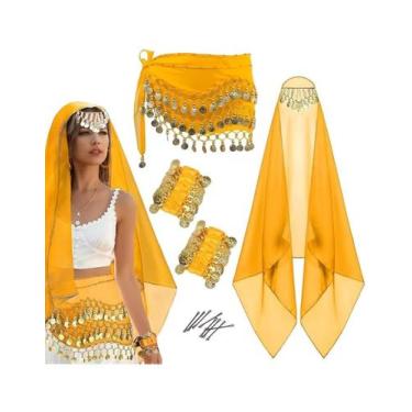 Imagem de Conjunto Véu Lenço de Cintura e Pulseiras Dança do Ventre Cor:Amarelo 