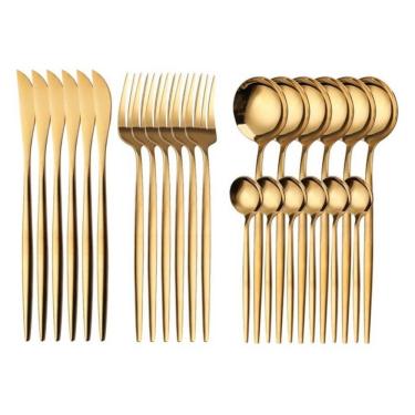 Imagem de Conjunto de Talheres 24 Peças Aço Inox Revestimento Dourado para Mesa Posta Top Rio Comercial