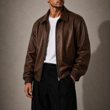 Imagem de Jaqueta Masculina de Couro Vintage Oversized Poliuretano Bomber com Zí