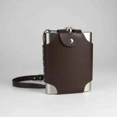 Imagem de Cantil Porta Bebida Com Bolsa Couro Inox Whisky Vodka Rum 500 Ml Cor M