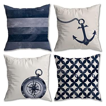 Imagem de Kit 4 Capas de Almofada Náutica Suede Ziper Invisível (Azul Listras Degradê + Ancora + Bússola + Pétalas - 45 x 45cm)