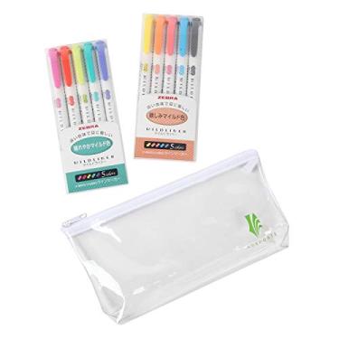 Imagem de Marcadores de caneta destacáveis ZEBRA MILDLINER, pacote com 2 (WKT7-N-5C/WKT7-5C-HC) conjunto de 10 cores com estojo de caneta de vinil original