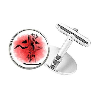 Imagem de DIYthinker Abotoaduras com clipe de botão redondo e guindaste vermelho estilo japonês