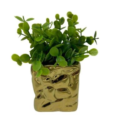 Imagem de Vaso decorativo quadrado de cerâmica dourado com planta
