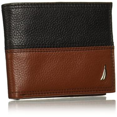 Imagem de Nautica Carteira masculina clássica de couro dobrável RFID (disponível em grãos lisos ou seixos), Dois tons - preto/conhaque, tamanho nico