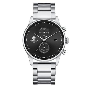Imagem de CHEETAH Relógio masculino de aço inoxidável 3 ATM à prova d'água, cronógrafo, data automática, analógico, quartzo, moderno, minimalista, para homens, Prata, preto/aço