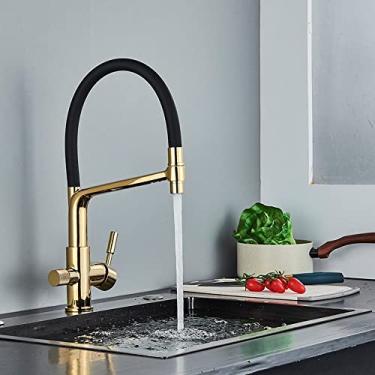 Imagem de Filtro Torneira de Cozinha Bico Duplo Preto Torneira de Água Potável Misturador Rotação de 360 Graus Purificação de Água Quente Fria Torneira, Dourada