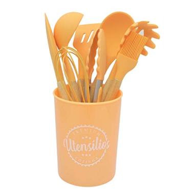 Imagem de Kit Utensílios de Silicone Cozinha com Cabo de Madeira e Copo 9 Peças COR:CREME