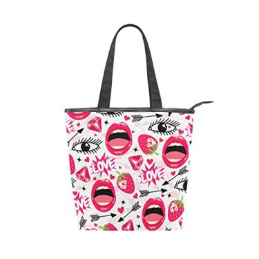 Imagem de Bolsa feminina de lona durável divertida com olhos morango, bolsa de ombro para compras com grande capacidade