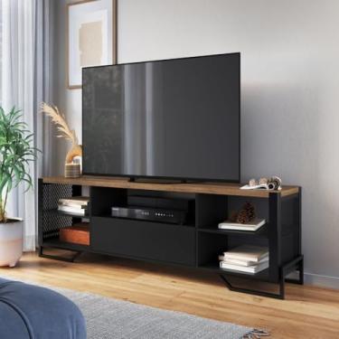 Imagem de Rack Para Tv ate 60 Polegadas Estilo Industrial 180cm em Mdp com 1 Gaveta e Laterais Teladas P1017 Preto Mel