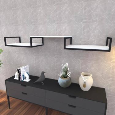 Imagem de Prateleira Industrial Suspensa Estante Parede Nicho Branca Ferro E Madeira Suporte Pratileira