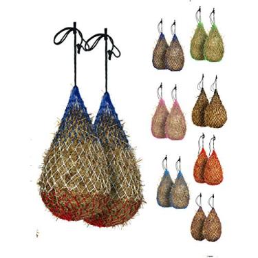 Imagem de Majestic Ally Rede de feno para cavalos, 2 peças de alimentação lenta de 106,6 cm, furos pequenos de 5 x 5 cm, corda de nylon, alimentador de viagem ajustável para reboque e parada, simula pasta, reduz resíduos (patriótico)