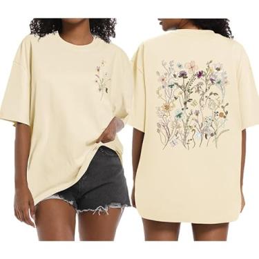 Imagem de Wrenpies Camiseta feminina com estampa floral boêmia, vintage, flores silvestres, cottagecore, jardins, amantes do jardim, Damasco, P