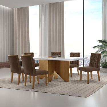Imagem de Mesa Nancy 180 Tampo Mdf Vidro/canto Reto com 6 Cadeiras Dandara Marrom/Off White/Imbuia