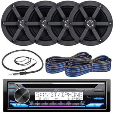 Imagem de JVC Unidade de cabeça única DIN rádio Bluetooth AUX AM/FM CD Player combo de receptor marítimo com 2 pares (quantidade 4) alto-falantes de áudio barcos de pico de 16,5 cm, 2 vias, 100 watts, 2 fios de