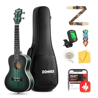 Imagem de Donner Ukelele Ukulele de concerto profissional de 58 cm de mogno para crianças, adultos, iniciantes, ukelele, pacote com bolsa de aula online, Aquila, palheta, afinador, tecido, DUC-200B, verde