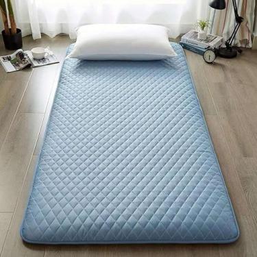 Imagem de Colchão de chão japonês, colchão futon japonês, colchão de acampamento dobrável e portátil Shikibuton, almofada de dormir portátil macia e dobrável, azul, 90 x 200 cm