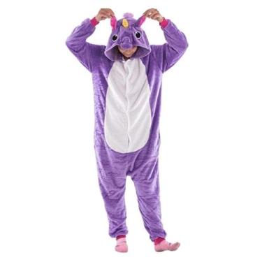 Imagem de Fantasia Macacão de Unicórnio Kigurumi Infantil Lilás Com Capuz M 5-6