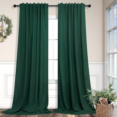 Imagem de Cortinas verde-escuras 213 cm de comprimento para quarto, 2 painéis, aba traseira, bolso caçador, verde, drapeado, filtro de luz, semitransparente, linho floresta, verde esmeralda, para sala de estar,