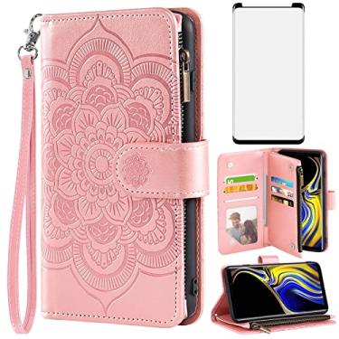 Imagem de Asuwish Capa carteira compatível com Samsung Galaxy Note 9 e protetor de tela de vidro temperado flor couro flip porta-cartão capa para celular Galaxy Note 9 Gaxaly Glaxay Not S9 feminino ouro rosa