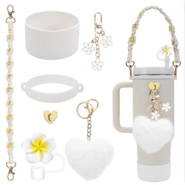 Imagem de 8 peças de acessórios para copo Stanley Cup 1,134 g e copo de 850 g com alça, tampa de cobertura de canudo de silicone, alça de alça de garrafa de água, gancho de coração, bolsa de batom, pingentes de