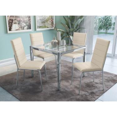 Imagem de Mesa Com 4 Cadeiras Sala de Jantar Tampo de Vidro Metal Cromado Nude -