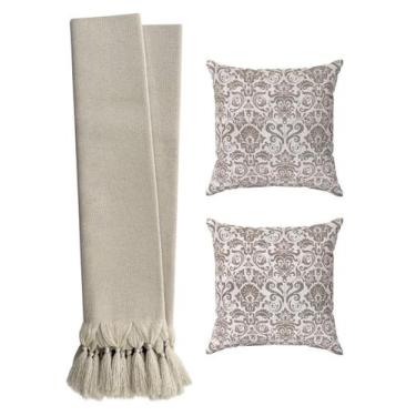 Imagem de Kit 2 Capas De Almofadas 45x45 Bege Cru + Manta Para Sofá Luxo - Tmdec