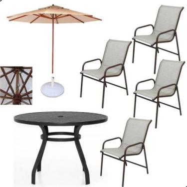 Imagem de Conjunto Sling Mesa Ripada 4 Cadeiras Piscina e Guarda Sol - Nossa Kas