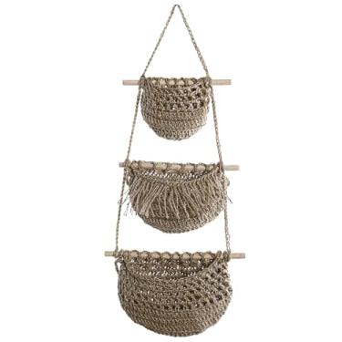 Imagem de Cesta de armazenamento suspensa de 3 camadas, organizador de parede de juta com hastes de madeira, versátil para casa e escritório, cesta de armazenamento boho, ideal para espaços pequenos, 25-33 cm