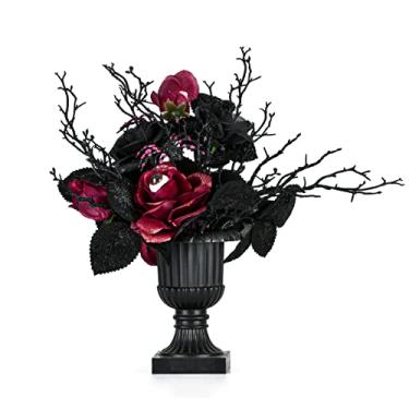 Imagem de National Tree Company Decoração de plantas artificiais, preto, decorado com rosas, flores, inclui urna preta, coleção de Halloween, 45 cm