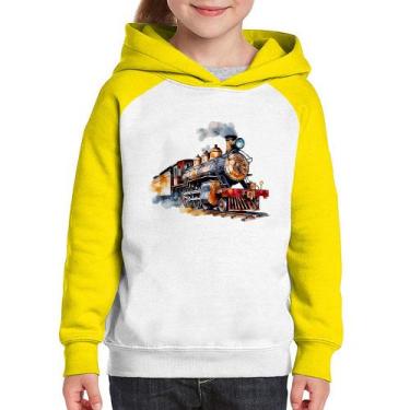 Imagem de Moletom Infantil Trem Watercolor - Foca na Moda, Branco, Amarelo, 12