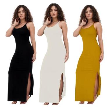 Imagem de Kit c/3 Vestidos Longo com Fenda Canelado - Empório J, Preto, Branco, 