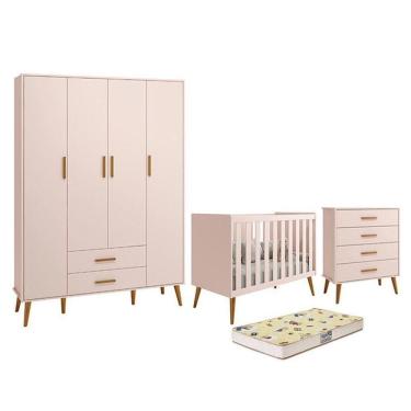 Imagem de Dormitório Infantil Isis Guarda Roupa 4 Portas Cômoda E Berço Rosa Com Colchão D18 Reller Móveis Rosa