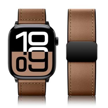 Imagem de Qimela Pulseira de couro magnético compatível com Apple Watch séries 10, 9, 8, 7, 6, 5, 4, 3, Ultra 2 1 SE de 38 mm, 40 mm, 41 mm, 42 mm, 45 mm, 46 mm, 49 mm