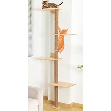 Imagem de Árvore de gato montada na parede alto poste arranhador para gatos internos torre de escalada móveis de parede de madeira para gatos 185 cm