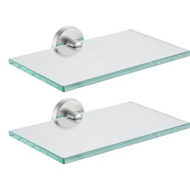 Imagem de JQK Prateleira de vidro para banheiro, armazenamento de chuveiro de vidro temperado 20,3 x 12,7 cm, aço inoxidável 304, acabamento escovado para parede, pacote com 2, TGS101L8-BN-P2
