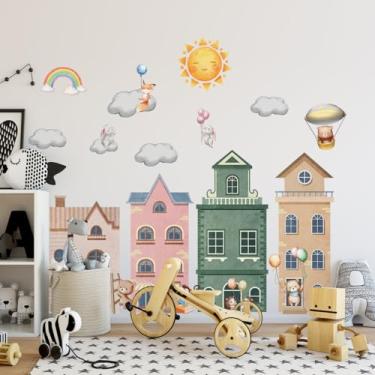 Imagem de Adesivos de parede de casa de desenho animado, decalques de parede removíveis, arco-íris, sol, nuvens, animais, raposas, coelhos, urso, quarto de bebê, berçário, meninos e meninas, decoração de parede