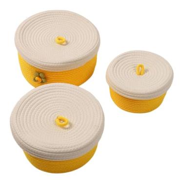 Imagem de Cestas Decorativas Tecidas de Cor Brilhante Estilo Desenho Animado, Cestas de Corda de Algodão Redondas Com Alça de Tampa de Tamanhos Diferentes para Família de Escritório (YELLOW)
