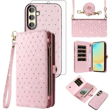 Imagem de Asuwish Capa de celular para Samsung Galaxy S24 FE 5G carteira com zíper destacável com protetor de tela de vidro temperado alça transversal com glitter flip compartimento para cartão S 24 EF S24FE