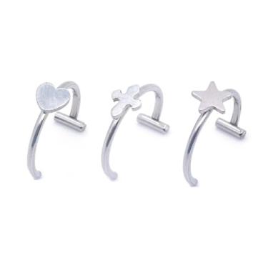 Imagem de Niaspi 3 anéis de lábio falsos para mulheres 16G em forma de T coração cruz estrela não piercing cartilagem anéis de nariz argola clipe de aço inoxidável joias corporais, Aço inoxidável, Sem Pedra